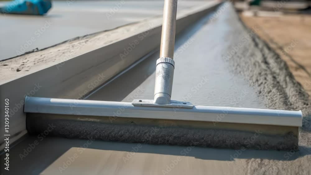 Poster construction worker smoothing concrete surface with bull float, carefully leveling wet cement to ach
