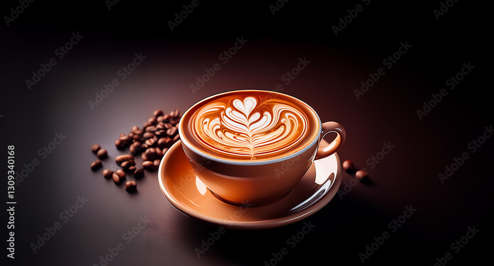 Poster a cup of coffee with beautiful latte art is presented with coffee beans on a dark surface, creating 