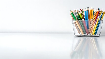 Fototapeta premium Colorful Pencils in Glass Holder on White Table Art Supplies Drawing Creativity