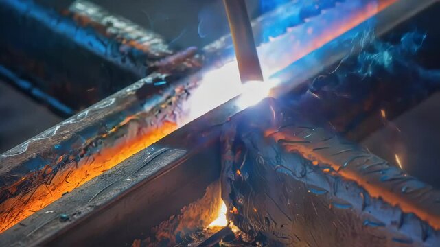 Welder joining metal beams with intense heat, generating bright orange and blue sparks during precision metalworking fabrication process