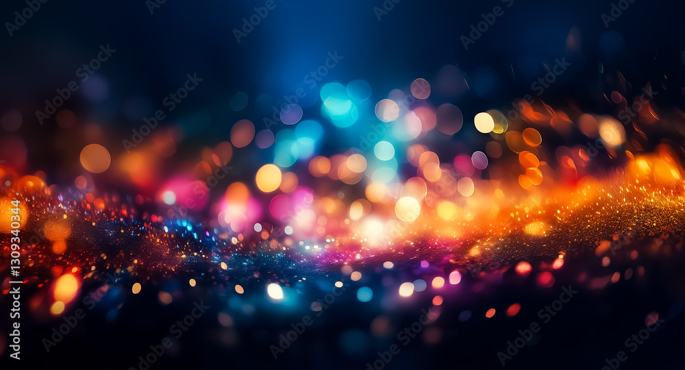 Aufkleber Vibrant bokeh lights create a mesmerizing abstract background.  Blurred circles of blue, orange, and purple hues blend, evoking a dreamy, sparkling, and magical atmosphere.