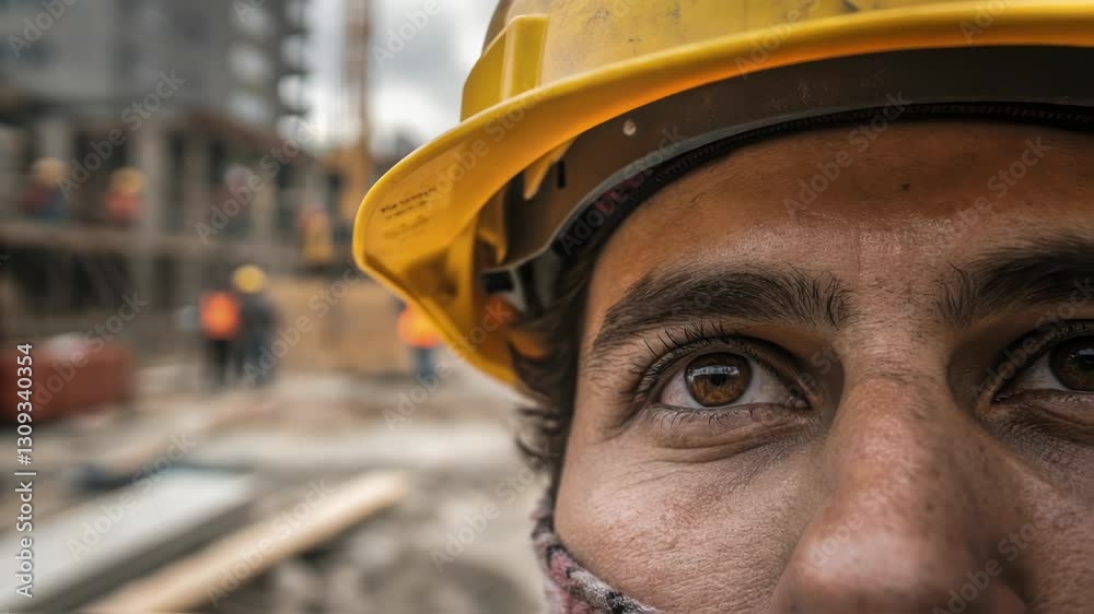 Poster Close up of a construction worker wearing a yellow hard hat, looking up with a thoughtful expression, possibly contemplating the progress of a project on a bustling building site