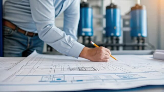 Engineer meticulously reviews and marks up blueprints for industrial equipment in a facility, suggesting careful planning and attention to detail in an industrial setting