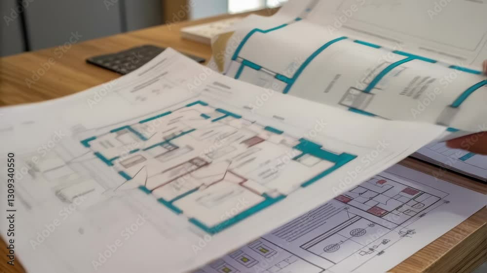 Poster architect reviews blueprints spread out on a wooden table, carefully examining the detailed floor pl