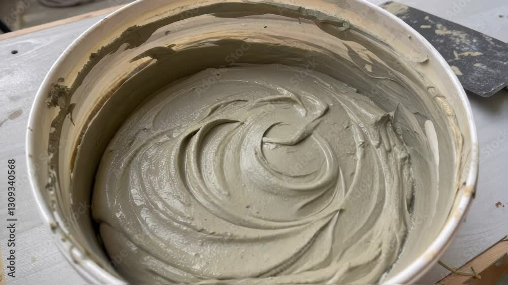 Poster Plaster mixing involves combining dry plaster powder with water in a bucket, creating a smooth, workable paste for construction and renovation projects