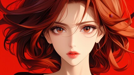 Fototapeta premium Anime style portrait of a beautiful woman with red hair and captivating eyes, artistic illustration