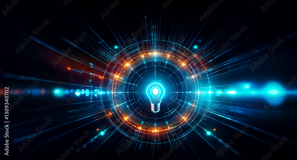 Aufkleber a glowing light bulb is at the center, surrounded by radiating blue and orange lines and circles on 