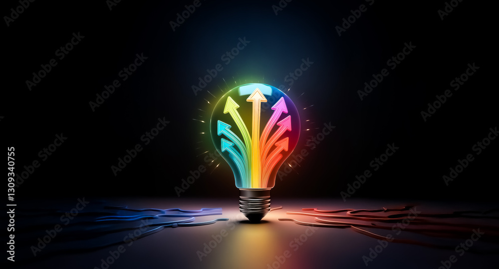 Poster bright lightbulb emitting colorful arrows pointing upwards on a dark surface. symbolizing creative i