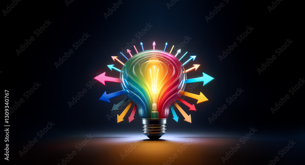 Fototapete vibrant lightbulb radiates colorful arrows in all directions against a dark backdrop, symbolizing br