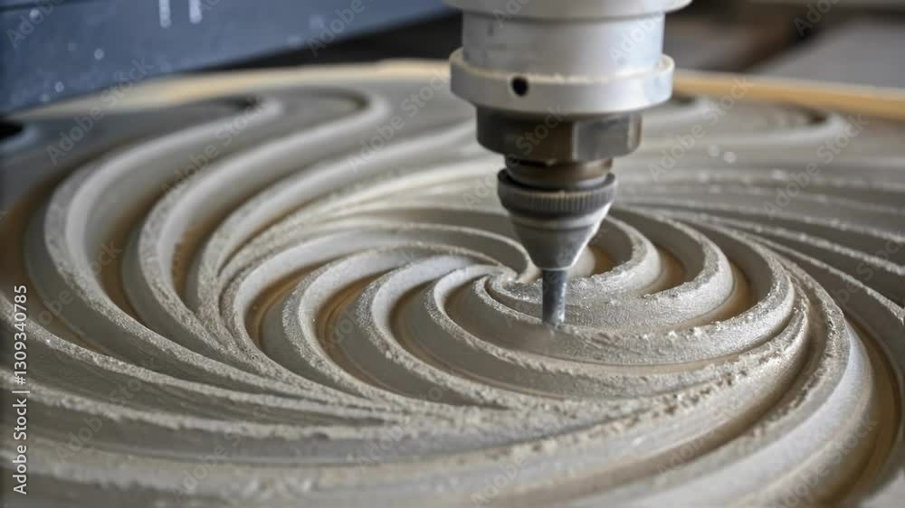 Aufkleber Precision industrial robotic arm carving intricate spiral pattern on circular material, showcasing advanced automated manufacturing technology and engineering innovation