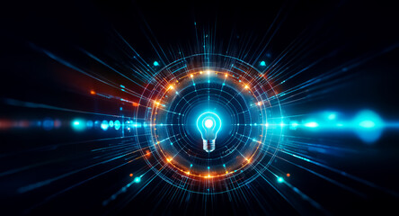 Obraz premium A glowing light bulb is at the center, surrounded by radiating blue and orange lines and circles on a dark backdrop. Idea generation concept.