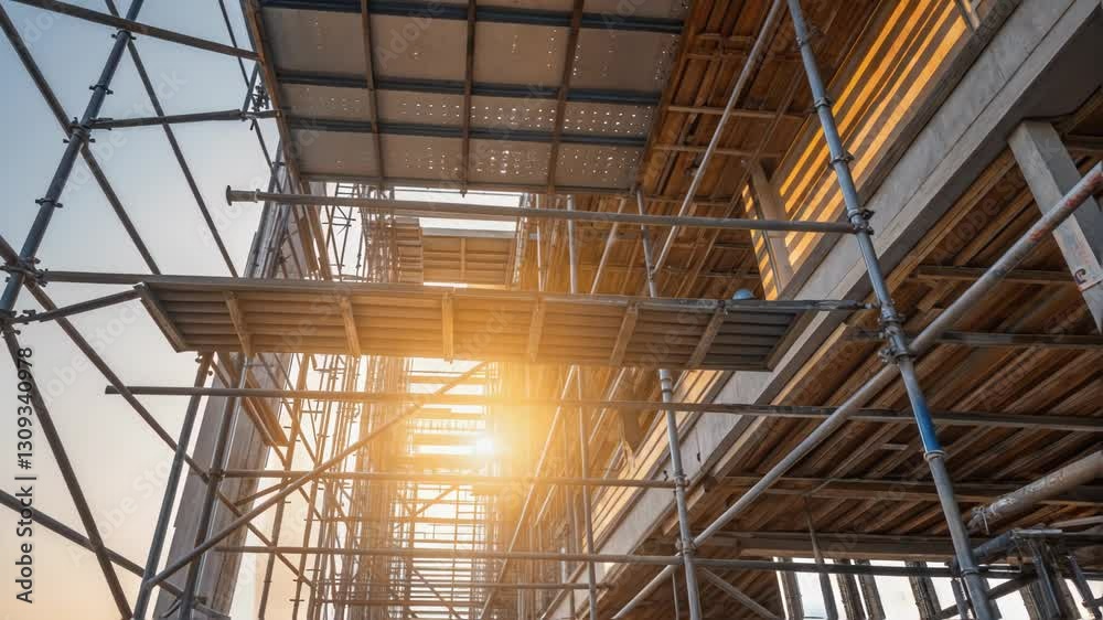 Poster warm sunlight illuminates scaffolding surrounding a building under construction, providing six diffe