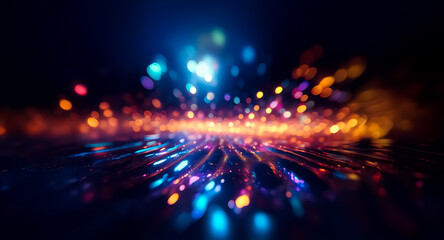 Obraz premium Abstract image with blurred lights in blue, orange, and purple hues, creating a bokeh effect. The vibrant colors suggest movement and energy in a dynamic composition.