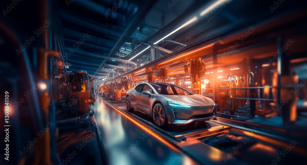 Poster sleek silver car moves on a conveyor belt in a modern factory. automated industrial setting with vib