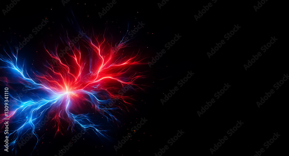 Fototapete Vivid energy streams in red and blue explode from a central point against a stark black backdrop, creating a dynamic and visually striking abstract display.