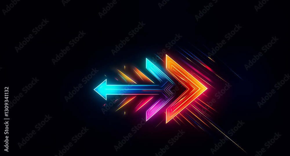 Fototapete vibrant arrow icon glows with neon colors on a dark background. the layered design points right, con