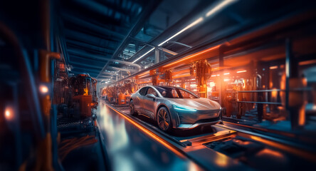 Fototapeta premium Sleek silver car moves on a conveyor belt in a modern factory. Automated industrial setting with vibrant orange and blue lights.