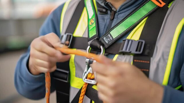 Construction worker meticulously connects an orange rope to the carabiner of a safety harness, ensuring secure attachment for work at height