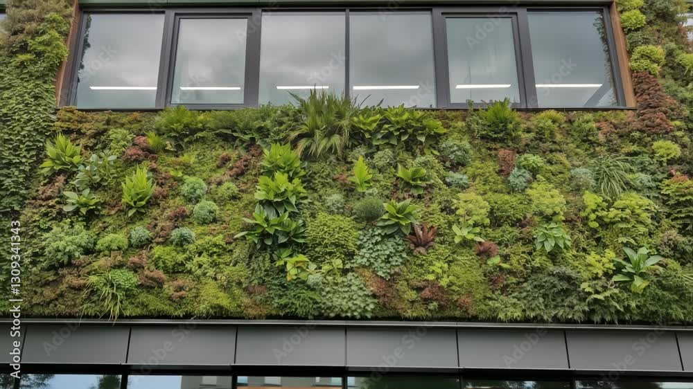 Poster vibrant green wall adorns modern office building, showcasing sustainable architecture and biophilic 