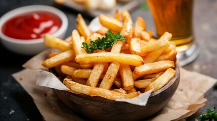 Golden, crispy homemade fries are served in a rustic wooden bowl, complemented by a chilled glass of beer and tangy ketchup. A delightful treat for any gathering