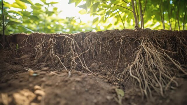 Healthy cassava roots penetrating fertile soil, drawing nutrients and water, developing robust root system supporting vigorous plant growth within expansive tropical plantation
