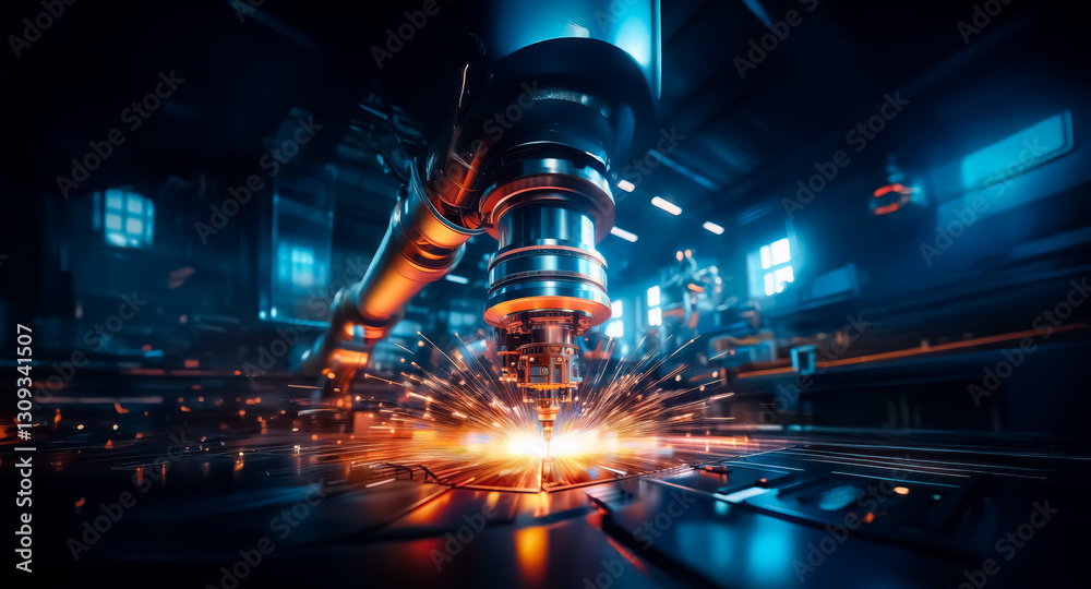 Leinwandbilder a robotic arm with sparks flying is precisely welding metal in a dark, industrial factory setting. b
