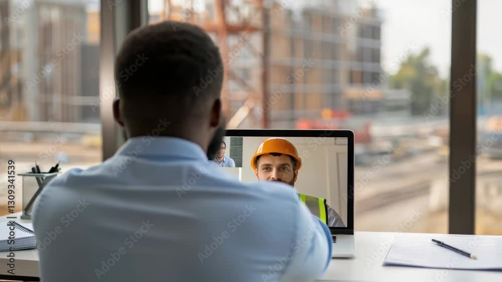 Leinwandbilder professional office manager participating in video conference with construction engineer, discussing