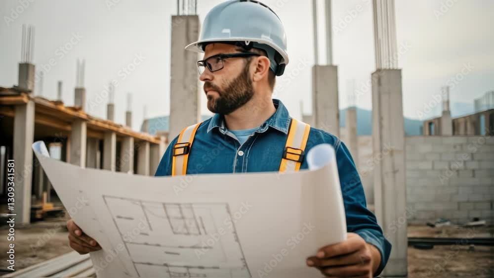 Poster professional construction engineer in safety gear reviewing architectural blueprints while standing 