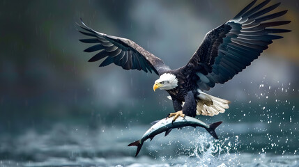 A striking photograph of a bald eagle mid-flight with a fish securely gripped in its sharp talons, wings fully extended.