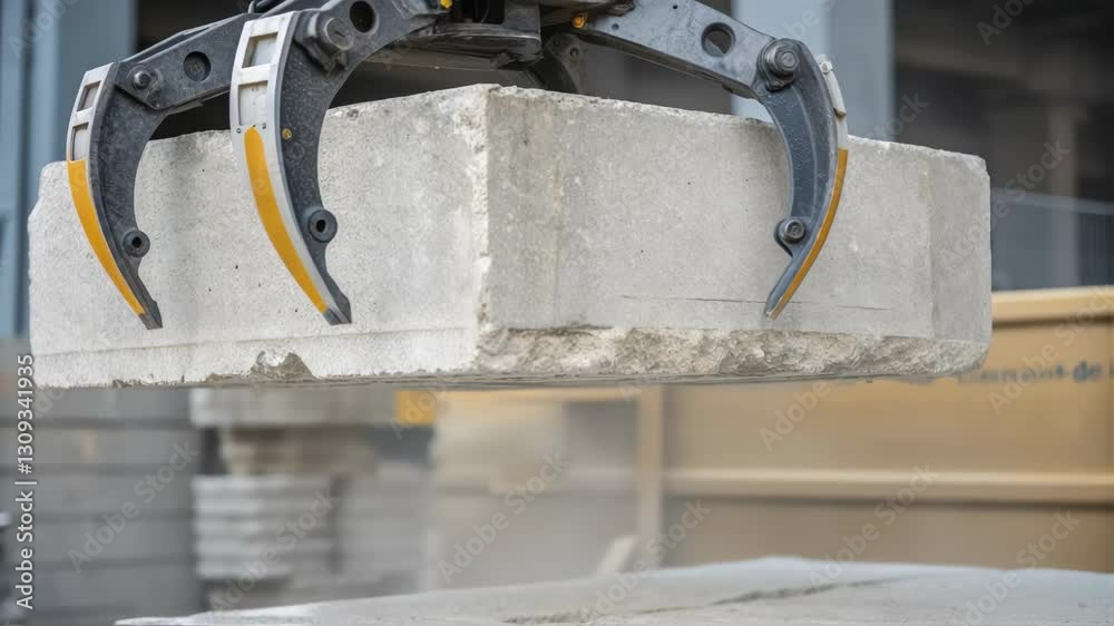 Poster mechanical gripper of industrial robotic arm lifting heavy concrete block, demonstrating advanced au