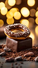 Delicious chocolate dessert featuring a donut and a block of rich chocolate, set against a dreamy bokeh background.