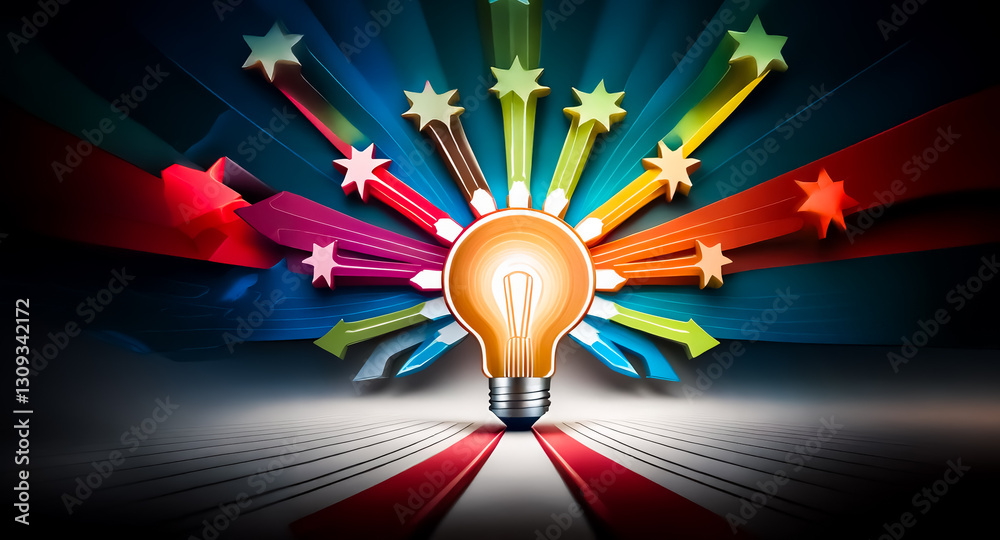 Leinwandbilder illuminated light bulb radiates vibrant beams on a striped backdrop, symbolizing bright ideas and in