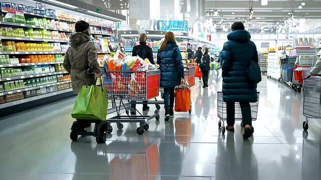 Supermarket Checkout Scene Showcasing Diverse Shoppers and Carts