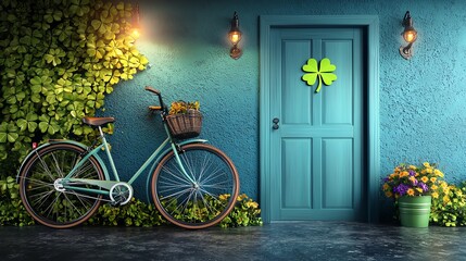 Obraz premium Charming entrance with a bicycle, green foliage, and vibrant flowers, inviting warmth and a touch of nature.