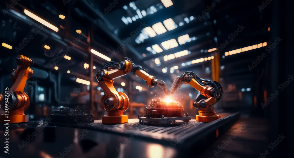 Aufkleber automated robotic arms are working on an assembly line in a modern factory. bright industrial lighti
