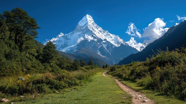 Majestic snow-capped mountain peak viewed from a verdant valley path.