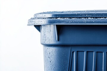 Wet Blue Trash Bin Close-Up with Water Droplets on Surface