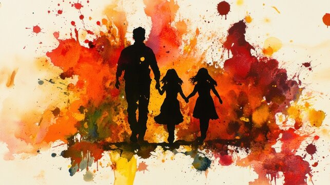 Family silhouette walk, colorful splash background, happy family, emotional art print