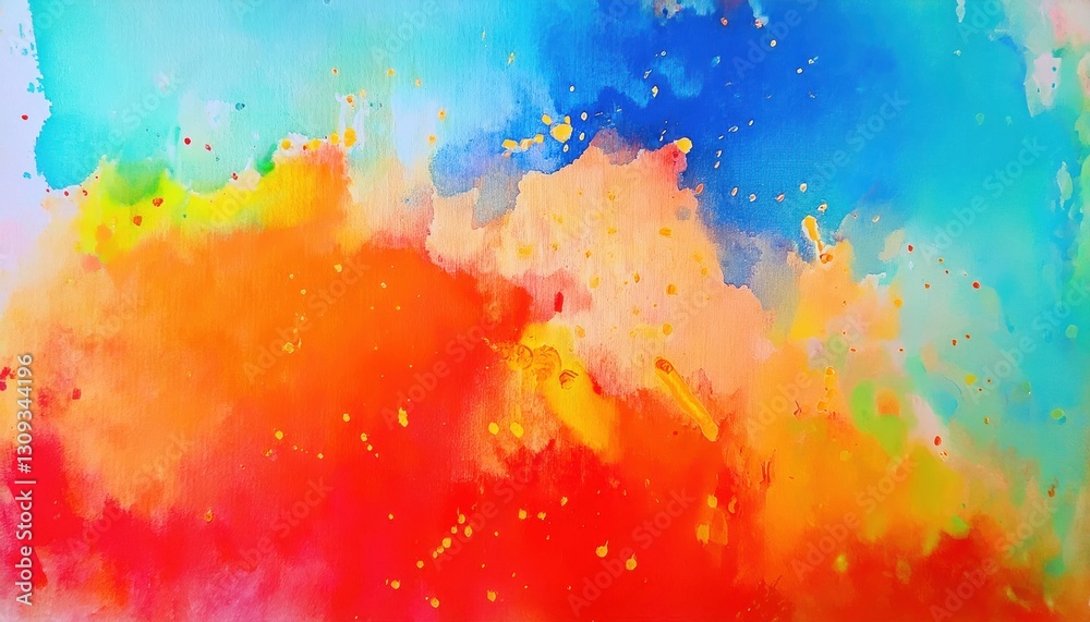 Poster vivid abstract watercolor explosion with fiery red, orange, and cool blue blending in a dynamic arti