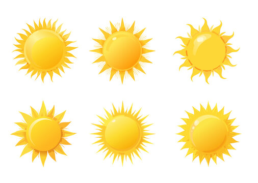 Ensemble d&rsquo;ic&ocirc;nes de soleil jaune, rayonnement solaire et &eacute;clat du soleil, lever ou coucher du soleil. Cercle d&eacute;coratif plein et demi-soleil avec lumi&egrave;re du soleil. &Eacute;nergie solaire chaude 