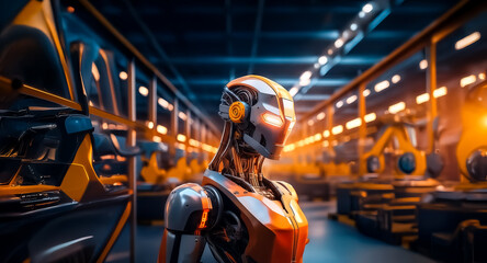 Obraz premium Futuristic robot in a high-tech factory setting. Industrial machinery, conveyor belts, and orange-blue lighting create a modern, automated workplace.