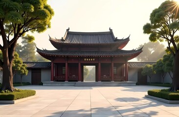 Fototapeta premium Buddhist Temple. Vesak in the morning with soft natural light of the empty courtyard