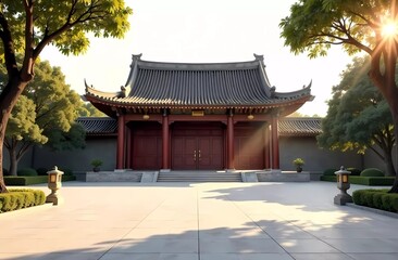 Buddhist Temple. Vesak in the morning with soft natural light of the empty courtyard