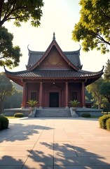 Naklejka premium Buddhist Temple. Vesak in the morning with soft natural light of the empty courtyard