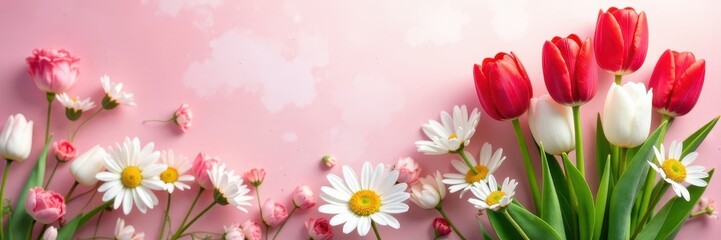 Vibrant red & white tulips & daisies on soft floral background, tulips, closeup, daisies
