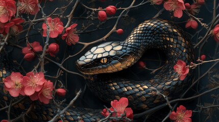 Black Snake Among Red Blossoms