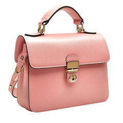 A pink leather purse with gold hardware.