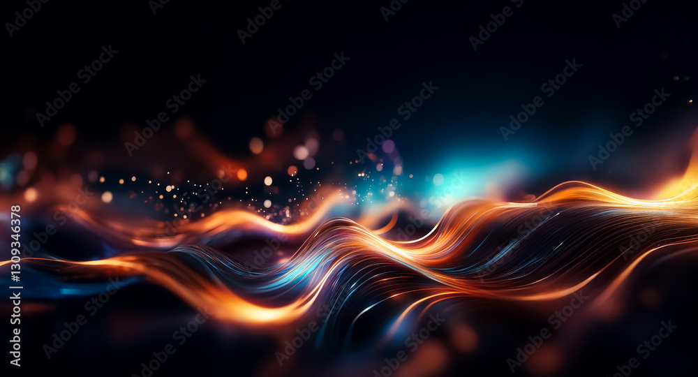 Fototapete Abstract waves of vibrant orange and blue light flow smoothly against a dark backdrop, creating a dynamic and mesmerizing visual effect.