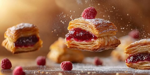 Levitating flaky pastries with raspberry jam filling on a warm natural background