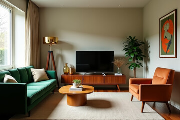 A stylish modern mid-century living room with warm tones and minimalist decor  .